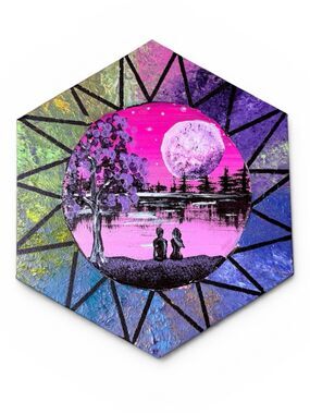 Hexagon Romance Nightscape Wall Art - Pink & Purple 8 inches